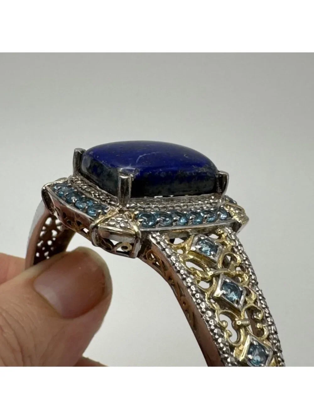 Synthetic Sapphire & Topaz Cuff Bracelet 925 Sterling Silver 7.5